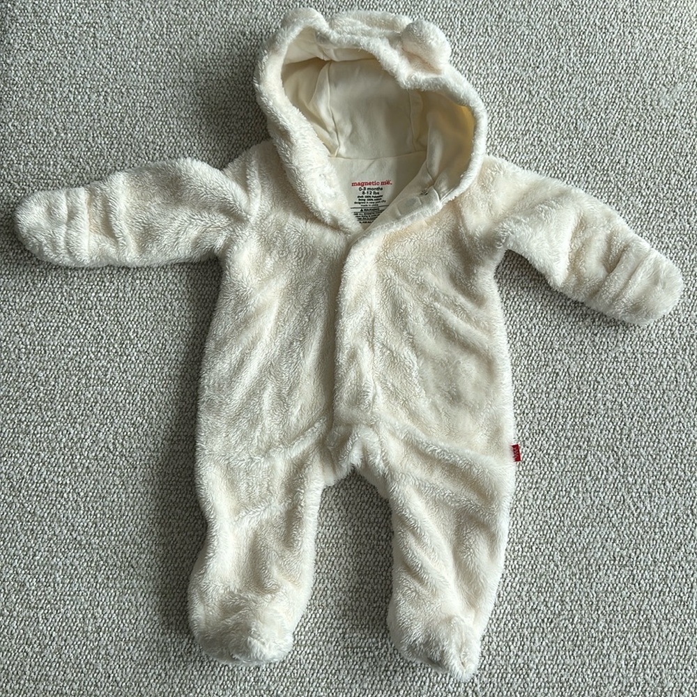 Like new Sherpa fuzzy fleece bear onesie for outdoor with hood and mittens